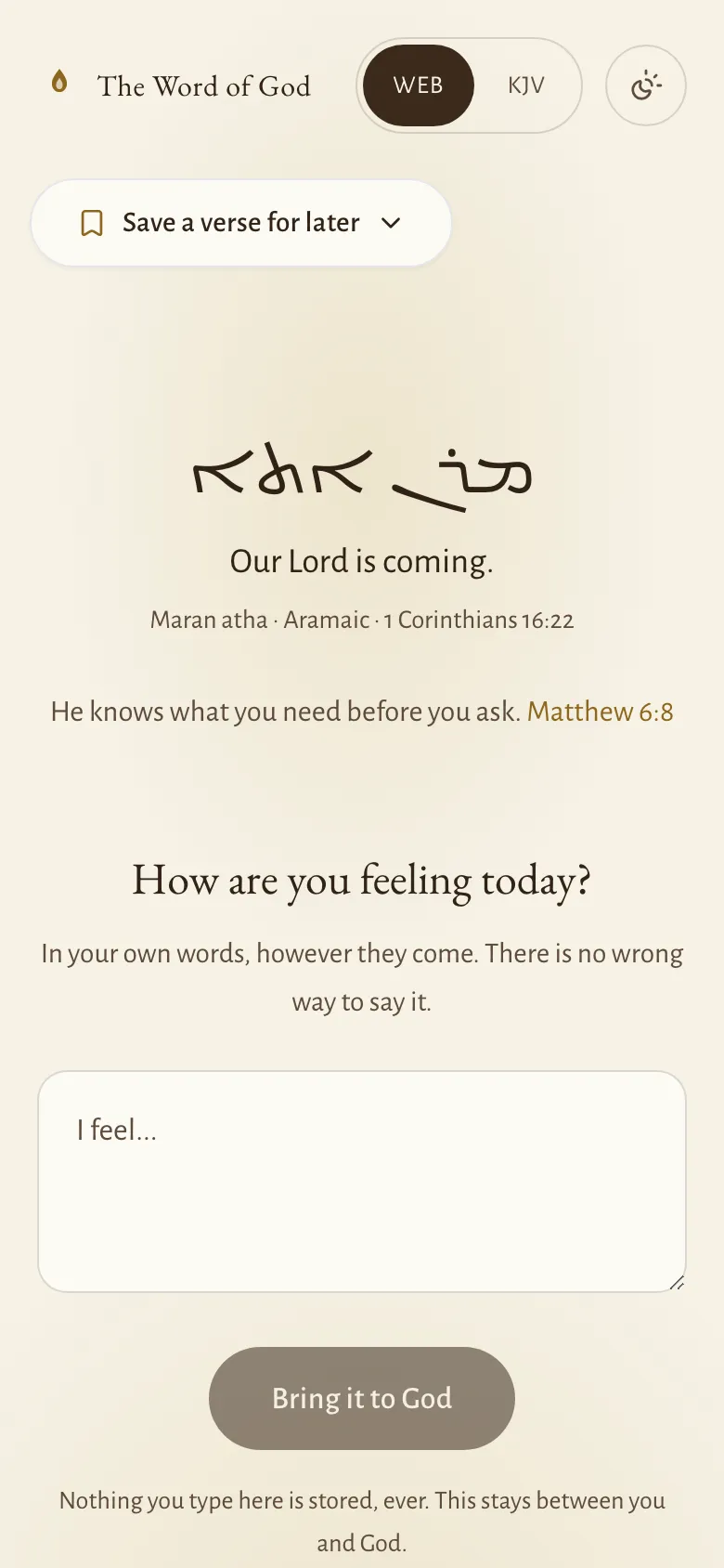 The Word of God on a phone: a greeting, then the question How are you feeling today, with a box to answer in